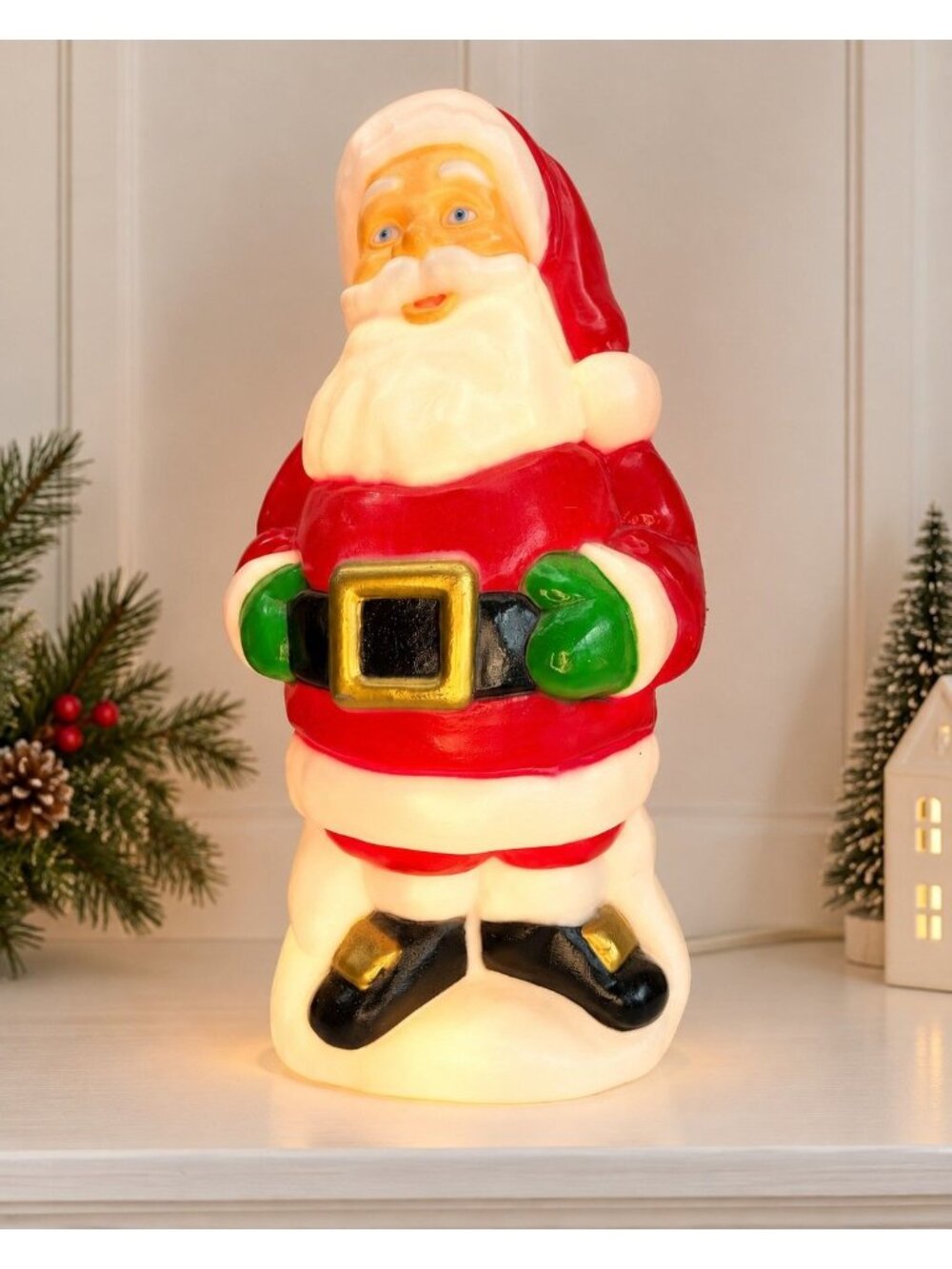 Vintage Lighted Santa Claus Blow Mold 18" Green Mittens Christmas Decor Works